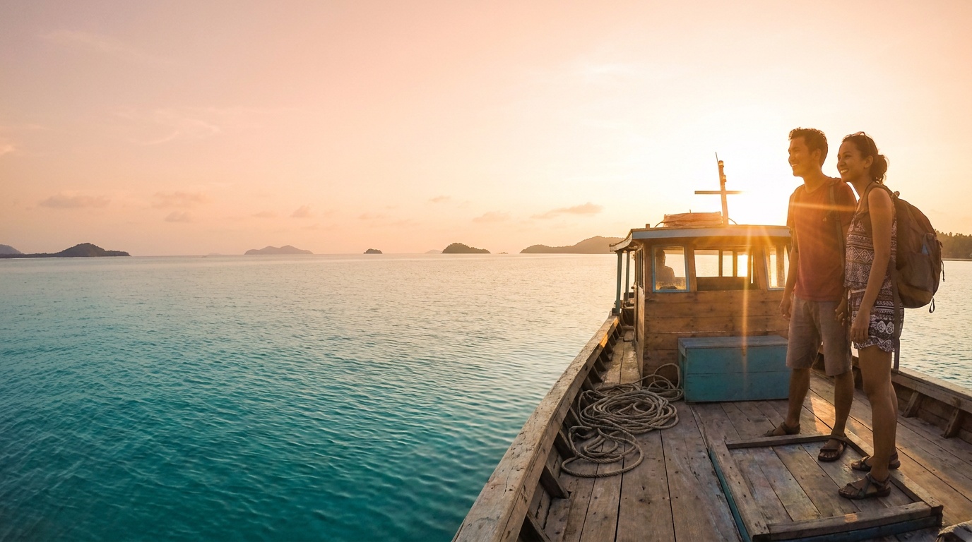 Wisatawan menikmati panorama laut turquoise dari kapal kayu saat matahari terbenam
